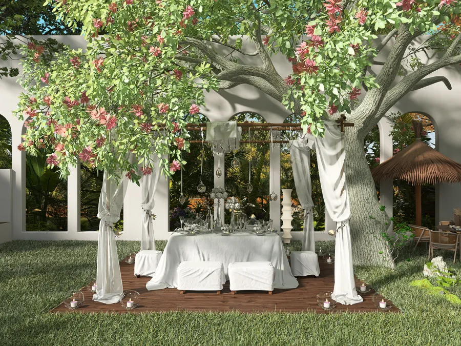 Image de couverture d'un pack de modèle 3D à Homestyler avec une scène extérieure avec une piscine, des chaises longues et des sièges blancs élégants.