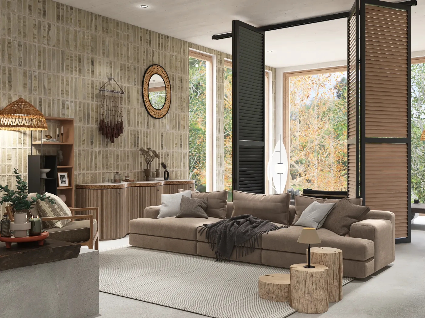 Image de couverture pour un pack de modèles 3D de salon de style Japandi chez Homestyler, comprenant un canapé marron moelleux, un buffet en bois incurvé et des éléments naturels.